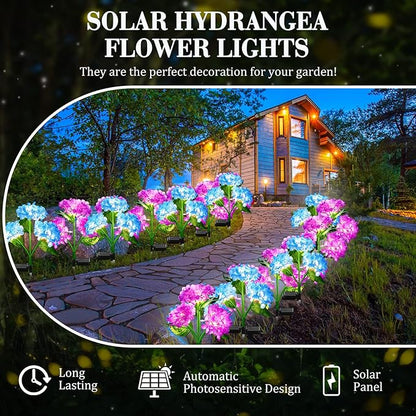 Treela 4 Pack Solar Lights Flowers Outdoor Waterproof Hydrangea Garden Stake Lights Realistic LED Flowers Powered Decorative Ground Solar Flower for Lawn Yard Backyard Decoration Gift(Blue, Purple)