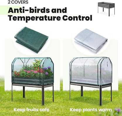KING BIRD Large Raised Garden Bed with Cover & Netting Galvanized Elevated Planter Box with Legs 48×24×56 in for Backyard, Patio, Balcony, 400lb Capacity, Dark Grey