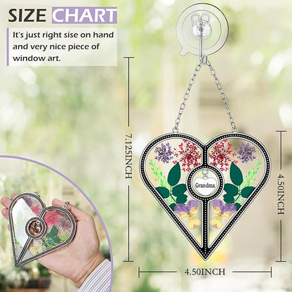 KY&BOSAM Heart Suncatcher Grandma Stained Glass for Windows Hangings Ornament Wind Chimes with Pressed Real Flower Heart Embedded in Glass Birthday Gifts for Women Grandma Mother`s Day Christmas Decor