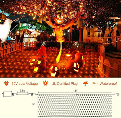 Orange Net Lights Outdoor Waterproof - 360 LED With Remote, 12x5 ft Extendable 8 Modes Christmas Lights for Thanksgiving Bushes Gazebo Lawn Garden Shrubs Tree Backyard