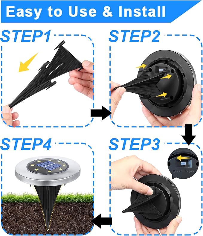 Solar Ground Lights, 4 Pack 8 LED White Solar Pathway Lights, Waterproof, Modern, Outdoor, In-Ground, Garden, Path, Deck, Lawn, Patio, Walkway