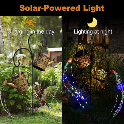 MEREAR Solar Watering Can Lights Outdoor with 8 Multi-Color Changing Modes, IP65 Waterproof Landscape Light Garden Decor, One Pole Two Lights Outside Decorations for Lawn, Backyard, Patio, Chrismas