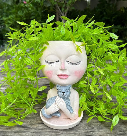Head Planter with Drainage Hole, Resin Art Vase, Cute Lady Hugging Cat Succulent Flower Pots, Unique for Indoor Outdoor Decor, 7.28in