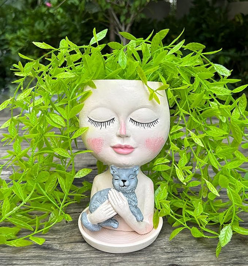 Head Planter with Drainage Hole, Resin Art Vase, Cute Lady Hugging Cat Succulent Flower Pots, Unique for Indoor Outdoor Decor, 7.28in