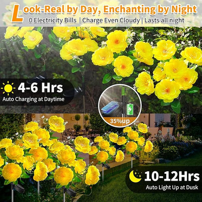 Neporal Solar Flowers Outdoor Waterproof, 4PK 7-Stem Yellow Camellia with 2 Lighting Modes & Romantic Warm Light, Solar Lights Outdoor Decorative for Garden, Yard, Pathway, Gardening Gifts for Women