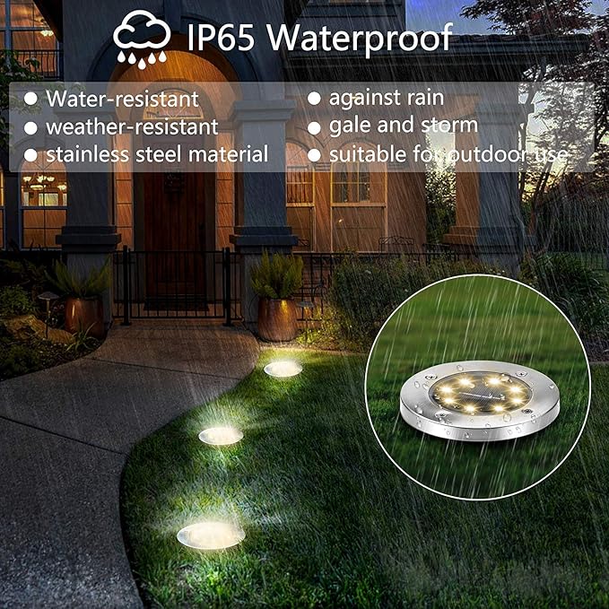 ZGWJ Solar Ground Lights, 8 LED Garden Lights Disk Outdoor Waterproof Landscape for Yard Walkway Patio Lawn Driveway Decoration (8 Pack Warm White)