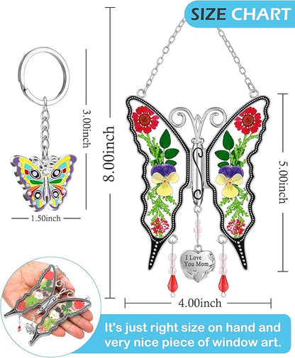 KY&BOSAM Butterfly Suncatcher Gifts for Mom for Windows Hangings I Love You Mom Pressed Flower Between Wings Glass Metal Engraved Charm Birthday Gifts for Women Mom Mother's Day Valentine's Christmas