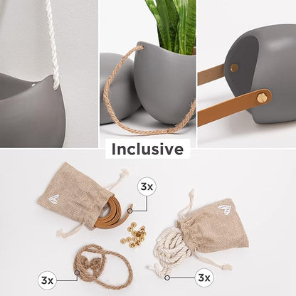 Wall Planters -Ellie- | Hanging Ceramic Plant Pots 3 Pieces | Wall Decoration for Indoors, Balcony and Garden | Grey (Matte)