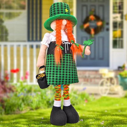 Large St Patricks Day Gnome Plush Decorations Outdoor, Cute Standing Saint Patricks Day Gnomes Gift Decor with Retractable Spring Legs, Placed Outside Yard/Porch/Garden/Indoor/Home/Office