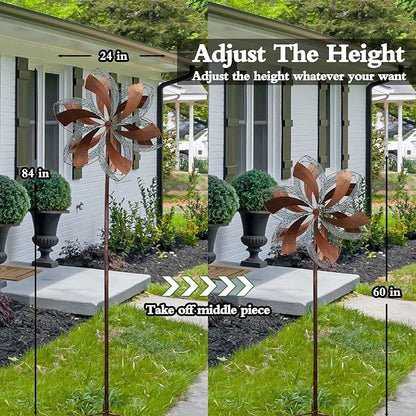 Garden Wind Spinner,Flower Wind Spinner,Outdoor Metal Wind Sculpture & Spinner Large 23 inch Dia 84 inch Height Kinetic Windmill for Garden Yard