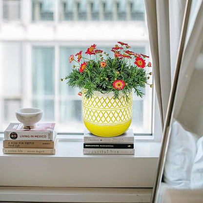 Ceramic Plant Pots, 6 + 4.7 inch Yellow Plant Pot, Flower Pots for Indoor Plants， Planter with Drainage Hole for Succulent Orchid Snake Plants Cactus
