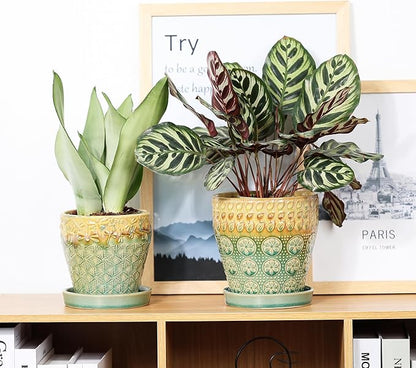6 Inch + 5 Inch Ceramic Planter Pot with Drainage Holes, Saucers and Mesh Pads for Indoor-Outdoor Plants, Succulent Orchid Flower, Round Plant Pots, Set of 2