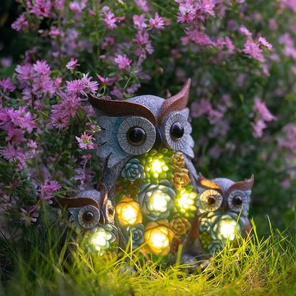 Solar Garden Statue Lights Owl Figurine with LED Lights, Outdoor Garden Succulent Ornaments Waterproof Decoration for Outside Patio Yard Lawn Decor