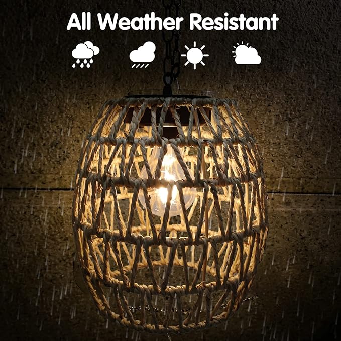 Outdoor Solar Hanging Lantern, Natural Seeweed Rattan Bamboo Woven Porch Patio Gazebo Pendent Chandelier Light Decorative Solar Powered Hanging Lamp for Front Door Garden