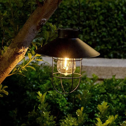 HUYIENO 2Pack Solar Metal Hanging Lantern with Shepherd Hook Outdoor Led Garden Lights Black