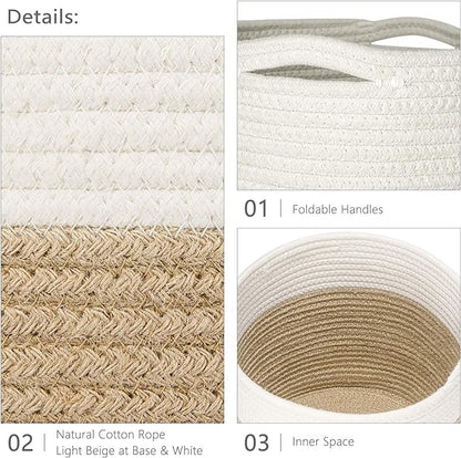Dahey Jute Spliced Cotton Rope Plant Basket Modern Woven Storage Basket for 10" Floor Indoor Planter, Decorative Flower Pots Cover Laundry Bin with Handle Rustic Home Decor, White and Beige