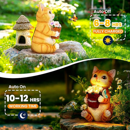 GIGALUMI Solar Garden Decor Flower Pot Cat Statues Outdoor, Birthday Gifts for Women, Gifts for Mom Grandma Senior Elder, Elephant Ornament for Balcony, Garden, Patio, Yard, Lawn