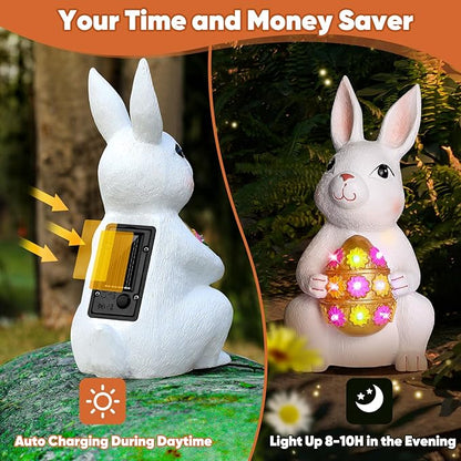 Brightever Outdoor Solar Garden Statues, Bunny with Easter Egg and 9 RGB LED Lights, Outdoor Figurine Lights - Solar Powered Garden Sculpture Easter Gifts for Kids, Women, Wife, Birthday