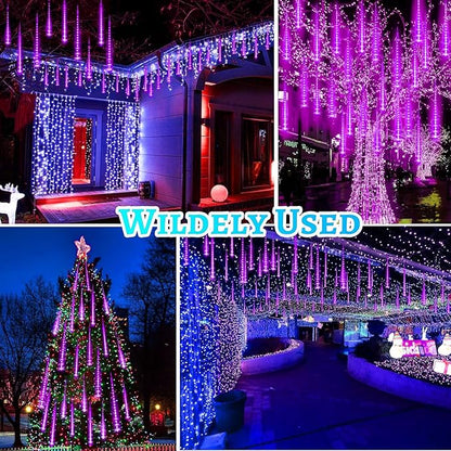 Christmas Purple Meteor Shower Rain Lights, 10 Tube 360 LED 12 Inch for Outdoor Halloween Falling String Raindrop Decor, Patio Garden Roof Eaves