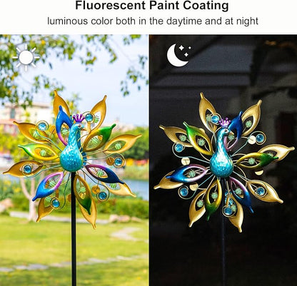 DREAMYSOUL 15.7" D*65”H Metal Peacock Wind Spinners Double Sided Kinetic Wind Sculptures Outdoor Metal Windmill for Garden Yard Decor