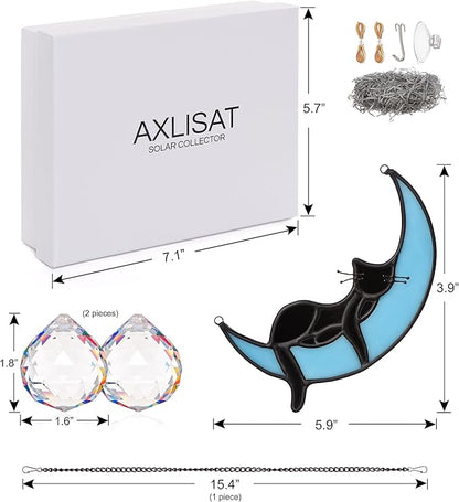Black Cat Decor On Blue Moon Stained Glass for Window, Crystals Suncatchers for Window Ball Prism Rainbow Maker Chain Easy Hanging, 2 Balls and 1 White Gift Boxe for Cat Lovers Halloween Decor