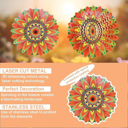 Wind Spinner Colorful Sunflower 12 inch 3D Stainless Steel Laser Cut Metal Double Sided Printing-Hanging Indoor/Outdoor Decorations Yard Gardening Decor,Metal Kinetic Art Ornament Gifts