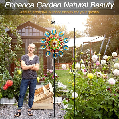 Yard Garden Wind Spinners with Stake - Large Outdoor Metal Wind Spinners, Lawn Yard Art Garden Decor (24" W x 84" H)