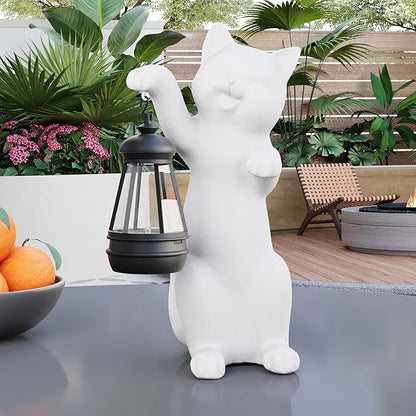 Solar Powered Garden Resin Statue Lights, 10 Inch Waterproof Outdoor Animal Cute Cat Figurine Lights, Suitable for Patios, Balconies, Lawns, Courtyards, Etc (Hand)