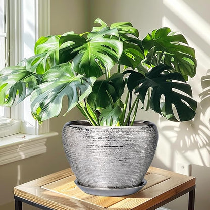 Flower Pot for Indoor Plants - Ceramic Planter 10 Inch Plant Pot with Drainage Hole and Saucer Large Decorative Planter Outdoor Mid-Century Planter for House Silver