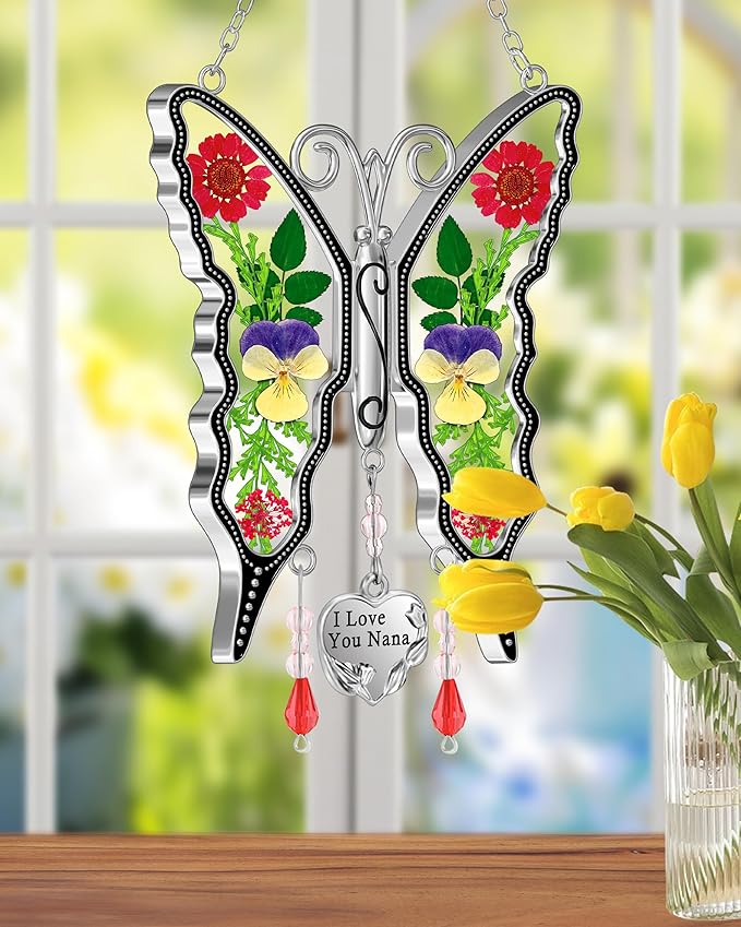 KY&BOSAM Butterfly Suncatcher I Love You Nana Gifts Stain Glass Suncatchers for Window Hanging Wind Chime Pressed Real Flower and Heart Charm Birthday Gift for Nana Mother`s Day Valentine`s Christmas