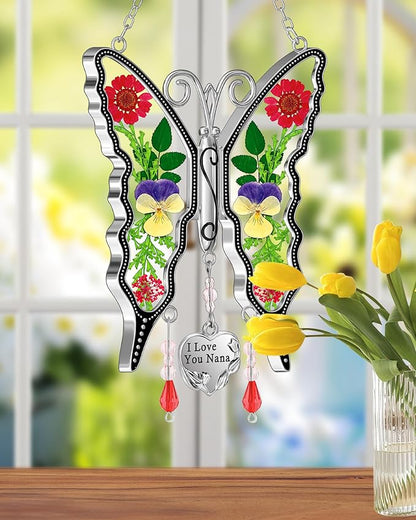 KY&BOSAM Butterfly Suncatcher I Love You Nana Gifts Stain Glass Suncatchers for Window Hanging Wind Chime Pressed Real Flower and Heart Charm Birthday Gift for Nana Mother`s Day Valentine`s Christmas