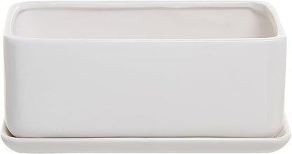 MyGift 14 Inch Modern Unglazed White Ceramic Indoor Plant Pot with Drainage Hole, Rectangular Succulent Planter Window Box with Removable Saucer, White (10 inch - 1 Pack)