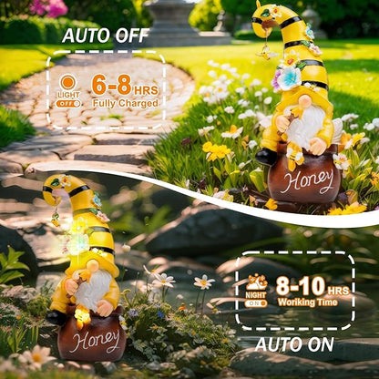 13" Garden Solar Spring Gnomes Statues Outdoor Spring Decor with LED Lighted Bee and Flowers Funny Garden Sculpture for Patio Yard Lawn Decorations Gifts