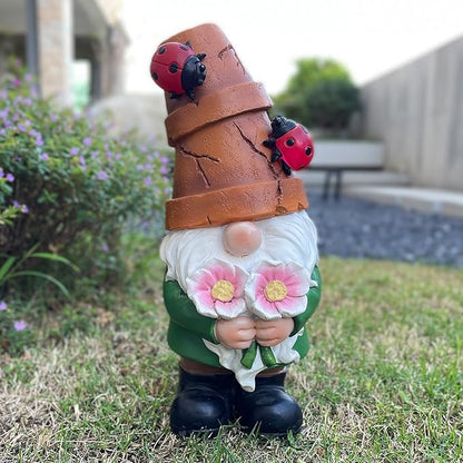 Garden Gnome Statues Outdoor Decor, Solar Gnomes with LED Lighted Flowers, Solar Resin Garden Outdoor Statue Sculpture, for Woman Gift Home and Garden Decor