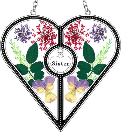KY&BOSAM Heart Suncatcher Sister Stained Glass for windsows Hanging Wind Chimes with Pressed Real Flower Heart in Glass with Metal Trim Heart Charm Birthday Gift for Sister Mothers Day Christmas Decor