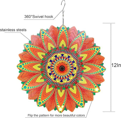 Wind Spinner Colorful Sunflower 12 inch 3D Stainless Steel Laser Cut Metal Double Sided Printing-Hanging Indoor/Outdoor Decorations Yard Gardening Decor,Metal Kinetic Art Ornament Gifts