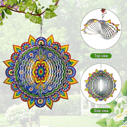 Mandala Wind Spinners, 3D Metal Wind Spinners Outdoor for Yard and Garden,12inch Stainless Steel Hanging Wind Spinners, Kinetic Yard Art Garden Decor Ornament Gifts