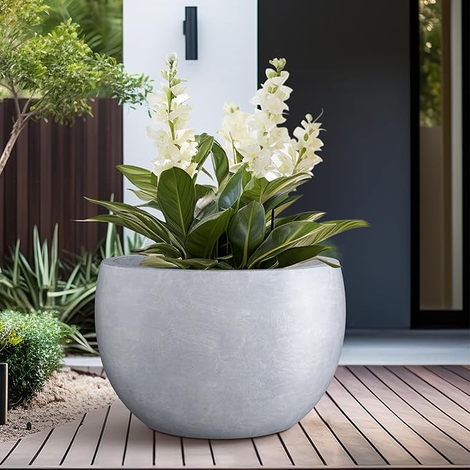 Kante 19.9" Dia Lightweight Concrete Outdoor Round Bowl Planter, Outdoor/Indoor Large Planters Pots with Drainage Hole for Garden Patio Balcony Deck Living Room, Slate Gray