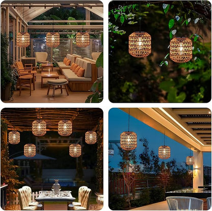 Solar Pendant Light Outdoor,Chandelier Hanging Lantern with Edison Bulb,Boho Solar Powered Lamps IP44 Waterproof for Gazebo Tree Porch Yard Porch Patio Garden Backyard Decorative