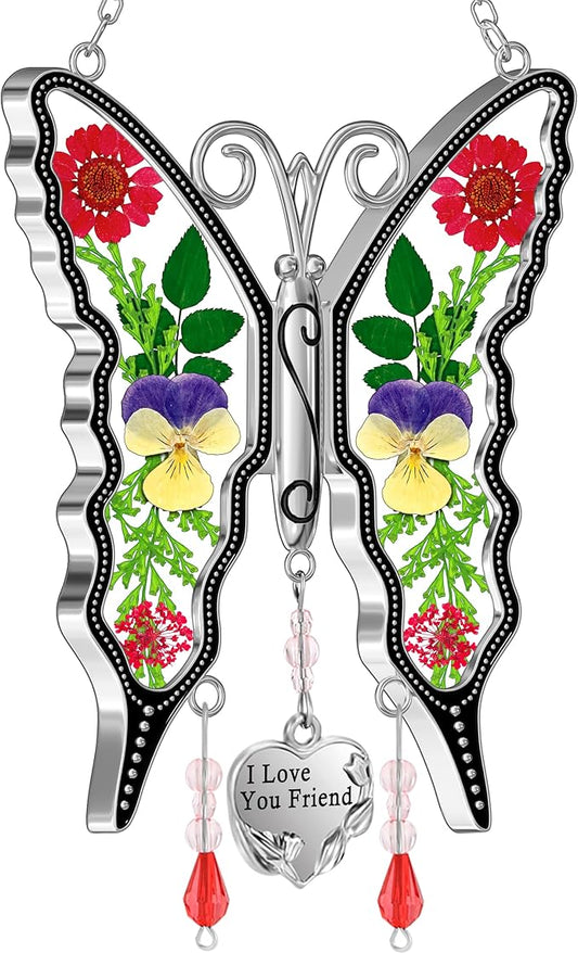 KY&BOSAM Butterfly Suncatcher I Love You Friend Stained Glass Butterfly Suncatchers Hanging for Window Wind Chime Car Charms Gifts for Friend Mother`s Day Valentine's Birthday Christmas Thanksgiving