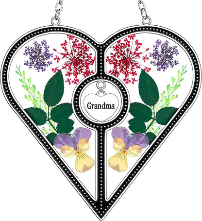 KY&BOSAM Heart Suncatcher Grandma Stained Glass for Windows Hangings Ornament Wind Chimes with Pressed Real Flower Heart Embedded in Glass Birthday Gifts for Women Grandma Mother`s Day Christmas Decor