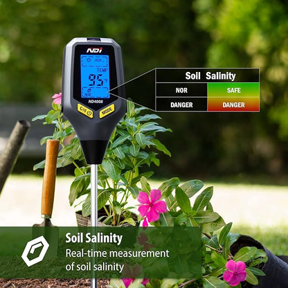 NDI Soil Moisture Meter,5-in-1 Soil Test Kit Tool with Moisture,Light,PH,Temperature and Salinity for Gardening, Farm, Lawn, Indoor & Outdoor Plants.