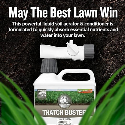 Turf Titan Thatch Buster All-Natural Lawn Aerator & Grass Dethatcher - Hose End Liquid Soil Loosener & Conditioner for Green Grass (2.5 Gallon), Healthy Soil in 45 Days - Enhance 1,000 Sq Ft with 4 oz