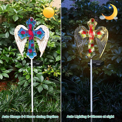 YJFWAL Cardinal Bird&Rose Cross Garden Stake Light, Solar Glass Cross for Cemetery Grave, Jesus Cross Angel Wings Sympathy Memorial Gifts, Halloween Christmas Garden Lawn Yard Patio Decor