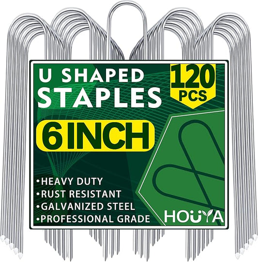 U Shaped Garden Stakes 6 Inch 120 Pack Drip Irrigation Stakes Galvanized Landscape Garden Staples Hose Stakes for Soaker Hose Drip Line Irrigation Tubing Tube, Lawn Ground and Weed Barriers