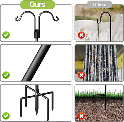Double Shepherds Hooks for Outdoor, Heavy Duty Bird Feeder Pole with 5 Prong Base, Adjustable Shepards Hook for Outside, Garden, Weddings, Hanging Plant, 2 Pack