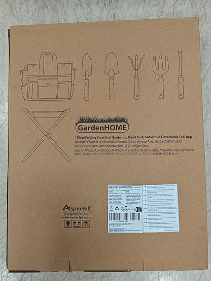 Gardening Tool Set, Stainless Steel 7-Piece Gardening Tools with Heavy-Duty Folding Stool and Detachable Canvas Tote Bag, Green and White, Ideal Gardening Gifts for Women and Men