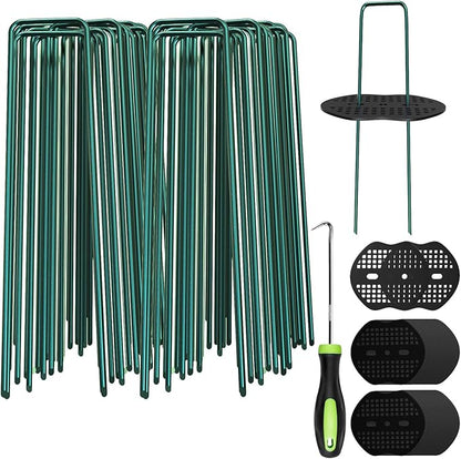 FOTMISHU Landscape Staples 5.7Inch 130Pcs Garden Stakes with 130pcs Gasket, Lawn Pins with Spray Coating Craft,11Gauge Anti-Rust Ground Yard Spikes Anchoring for Outdoor Tents Irrigation Hoses (Green)