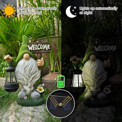 ASAWASA Gnomes Decorations for Yard with Solar LED Light, 10.8" Large Outdoor Funny Garden Lawn Gnome Decor with Welcome Sign