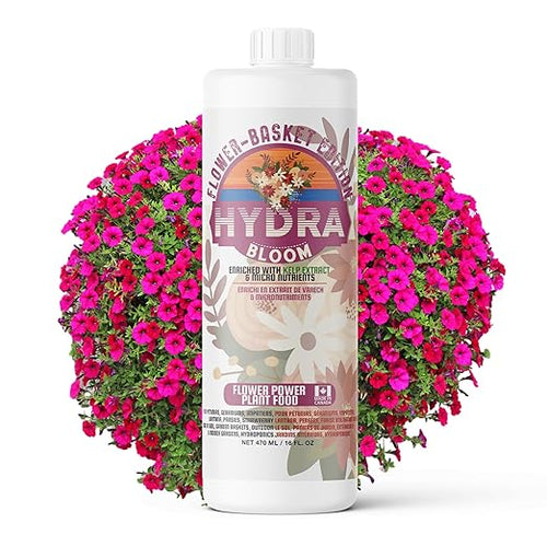 HydraBloom Flower Fertilizer - Indoor and Outdoor All Purpose Bloom Plant Food - Enriched with Kelp - for House Plants, Hanging Baskets, Strawberries - Use in Soil Gardens & Hydroponic Systems - 16oz
